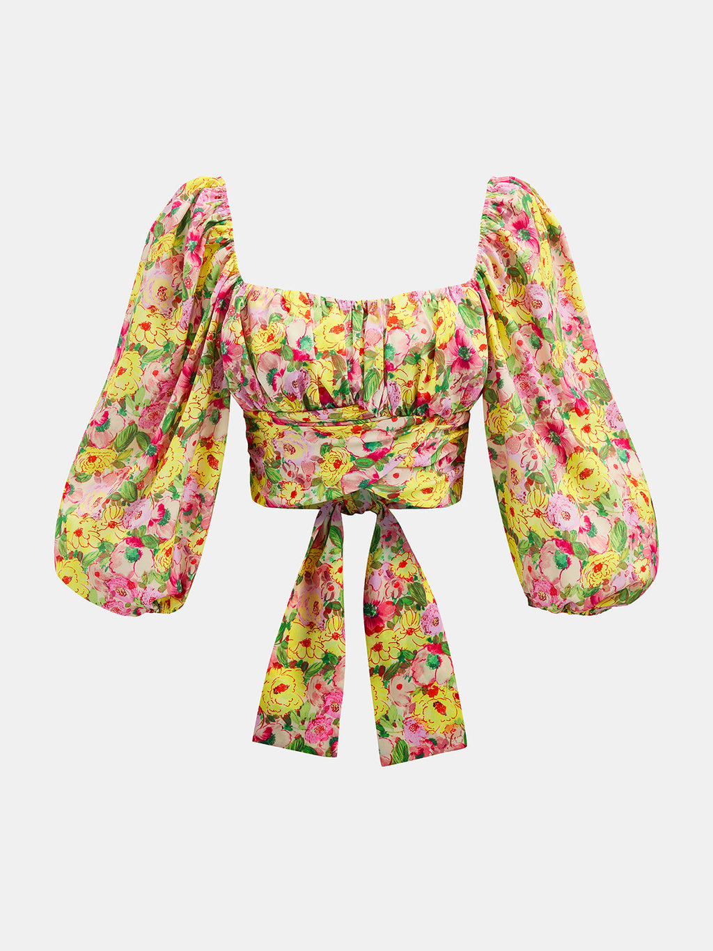 Square Neck Puff Sleeve Floral Tie-Back Blouse with Elegant Ruffle Detail