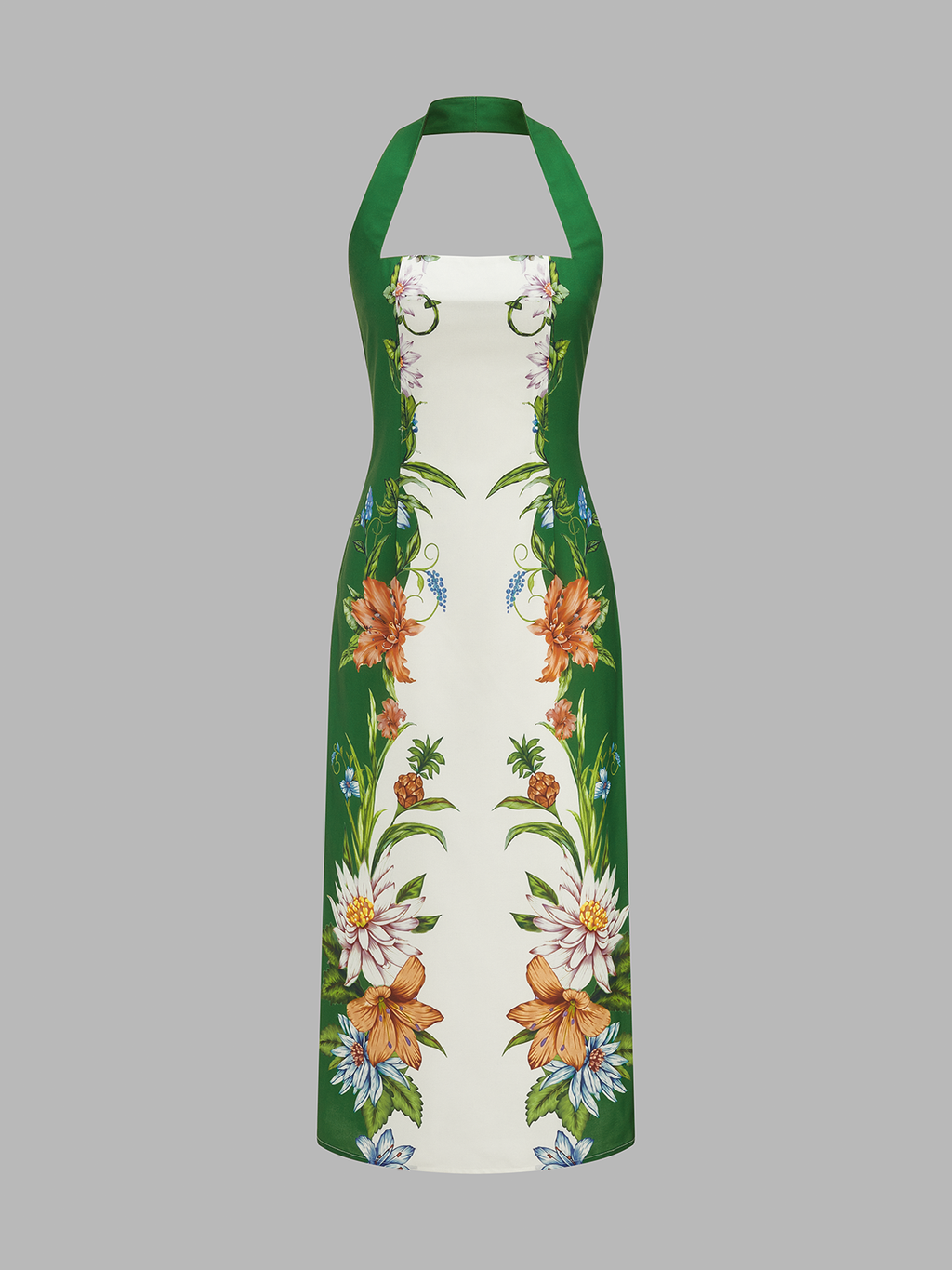 Vintage Botanical Print Halter Midi Dress with Pockets and Back Zipper