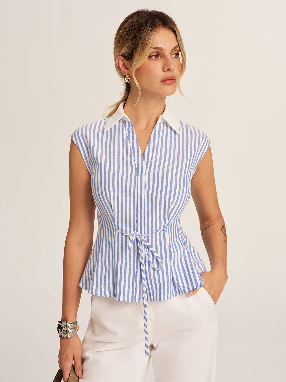 Striped Tie-Waist Collared Peplum Blouse for Women with Button Detail