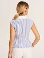 Striped Tie-Waist Collared Peplum Blouse for Women with Button Detail