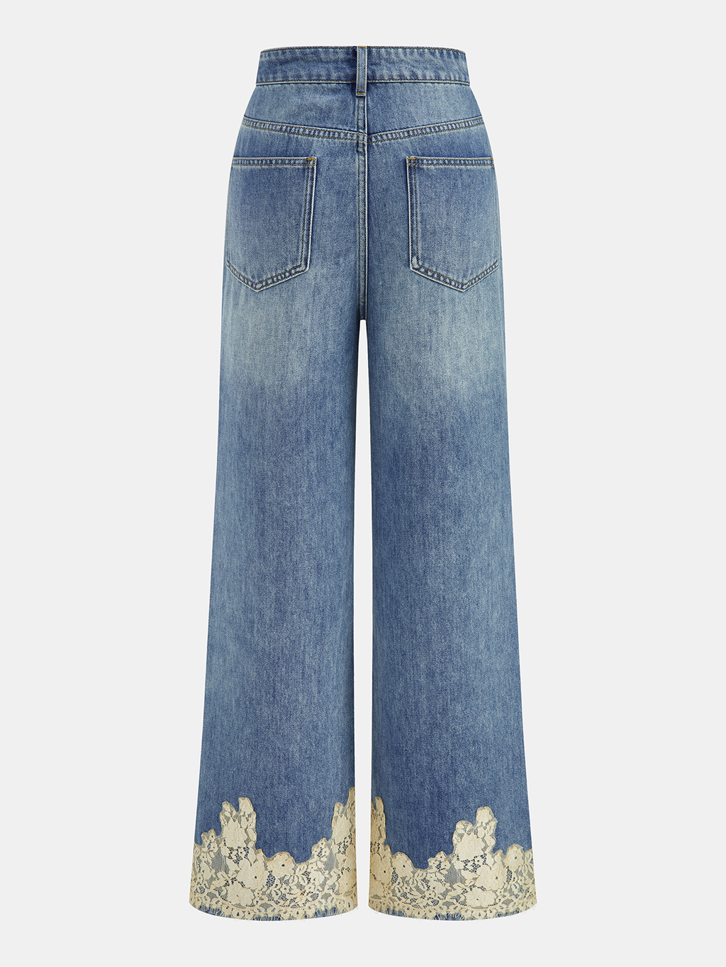 Lace Trim Mid-Waist Denim Pants with Stretch Fit Comfort
