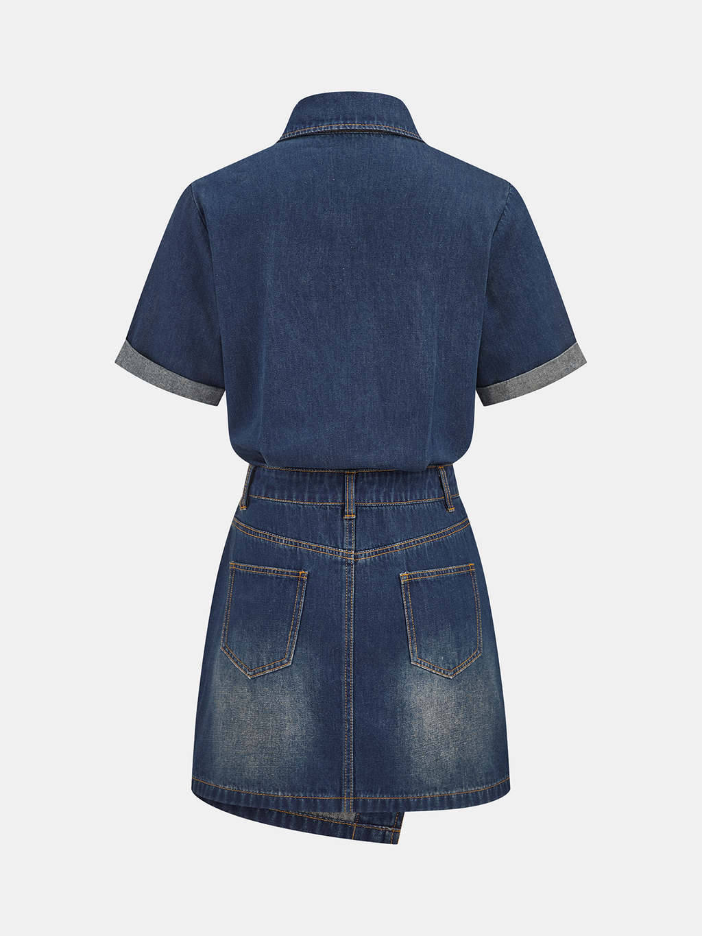 Short Sleeve Asymmetric Denim Shirt Dress with Button Front Closure