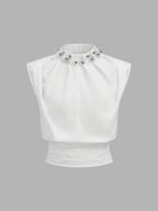 Sleeveless Studded Cinched Waist Cotton Blouse Women's Casual Summer Top