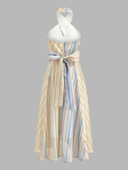 Colorful Stripe Halter Tie-Back Maxi Dress for Summer Beach Outings