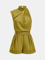 Asymmetric Neck Top & Belted Shorts Set for Women Summer Casual