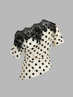 Lace Trim Polka Dot One-Shoulder Top Women's Fashion Blouse