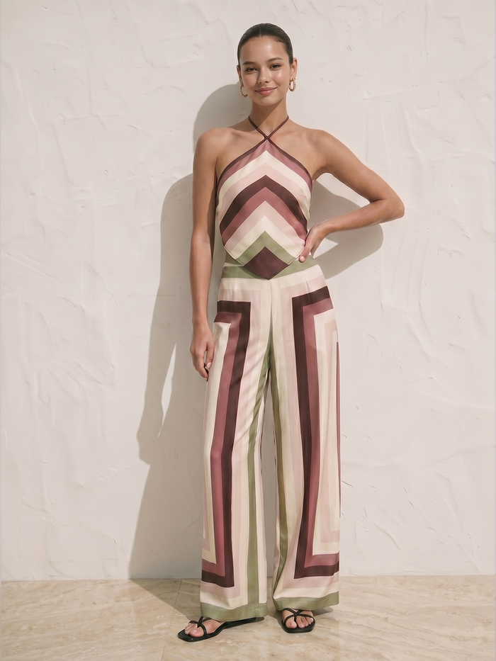 Geometric Print Halter Top & Pants Set for Summer Casual Wear