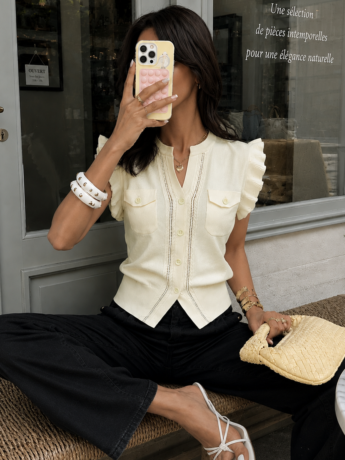 Ruffled Button-Down Knit Top for Women Casual Wear