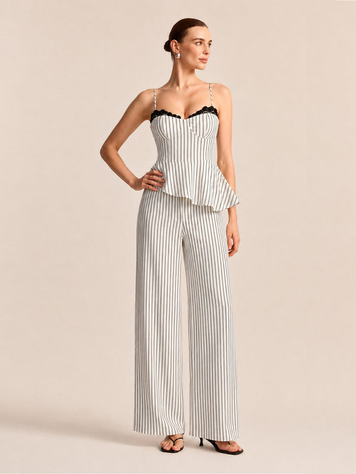 Lace Trim Striped Peplum Top & Pants Set for Women Casual Chic