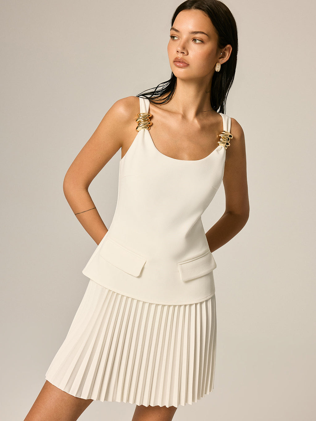 Metal Detail Pleated Mini Dress for Women Trendy Casual Party Wear