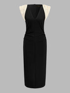 Color Block Ruched V-Neck Midi Dress with Belt Detail for Women