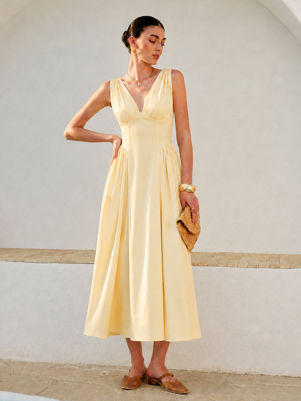 Cross Back Bow Strap Midi Dress with Adjustable Sash Closure