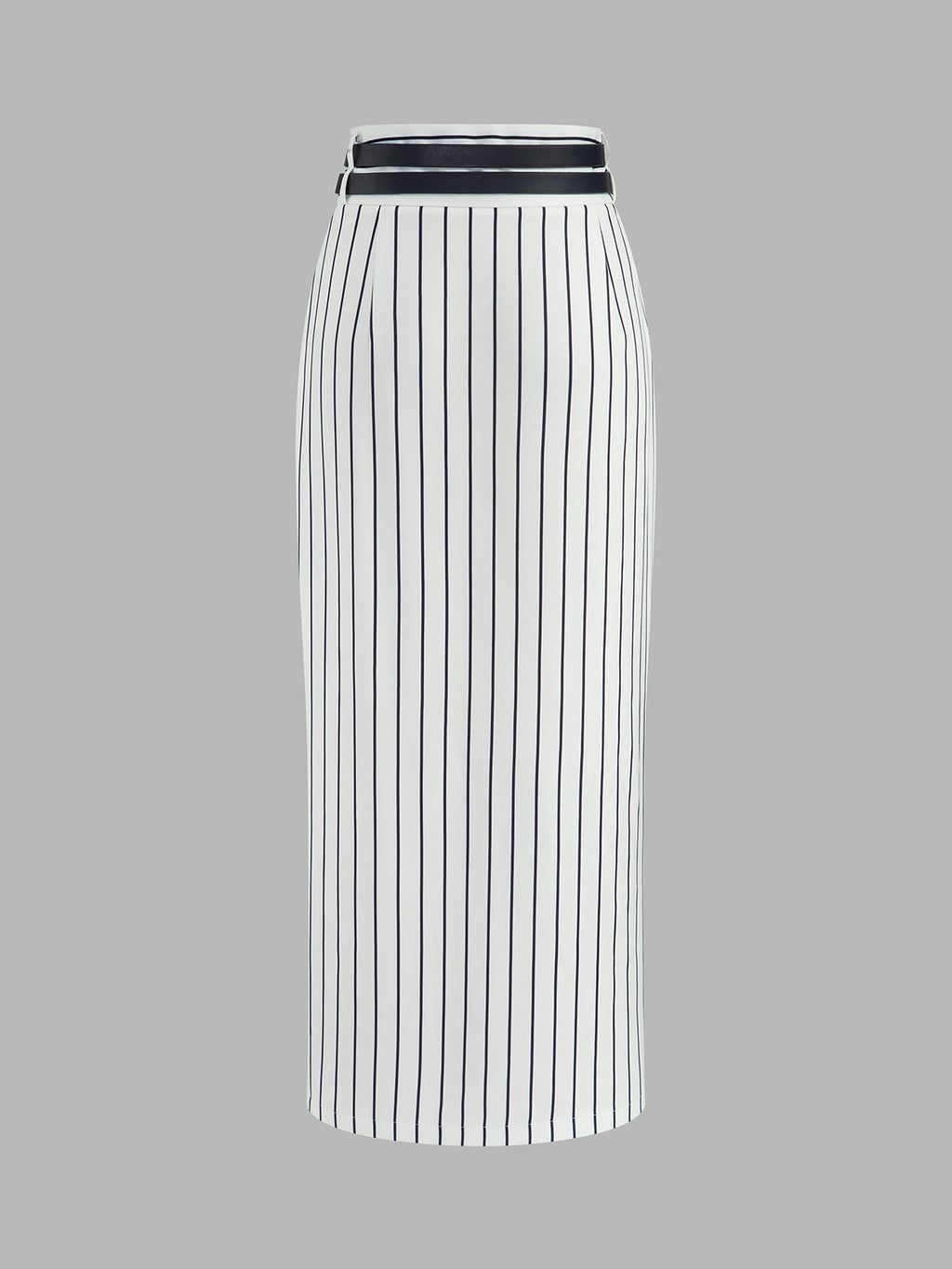 Double Belt Pinstripe Slit Midi Skirt with Side Pockets and Button Detail