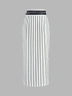 Double Belt Pinstripe Slit Midi Skirt with Side Pockets and Button Detail