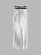 Double Belt Pinstripe Slit Midi Skirt with Side Pockets and Button Detail