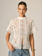 Frog Button Lace Short Sleeve Blouse Traditional Elegant Style