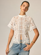 Frog Button Lace Short Sleeve Blouse Traditional Elegant Style