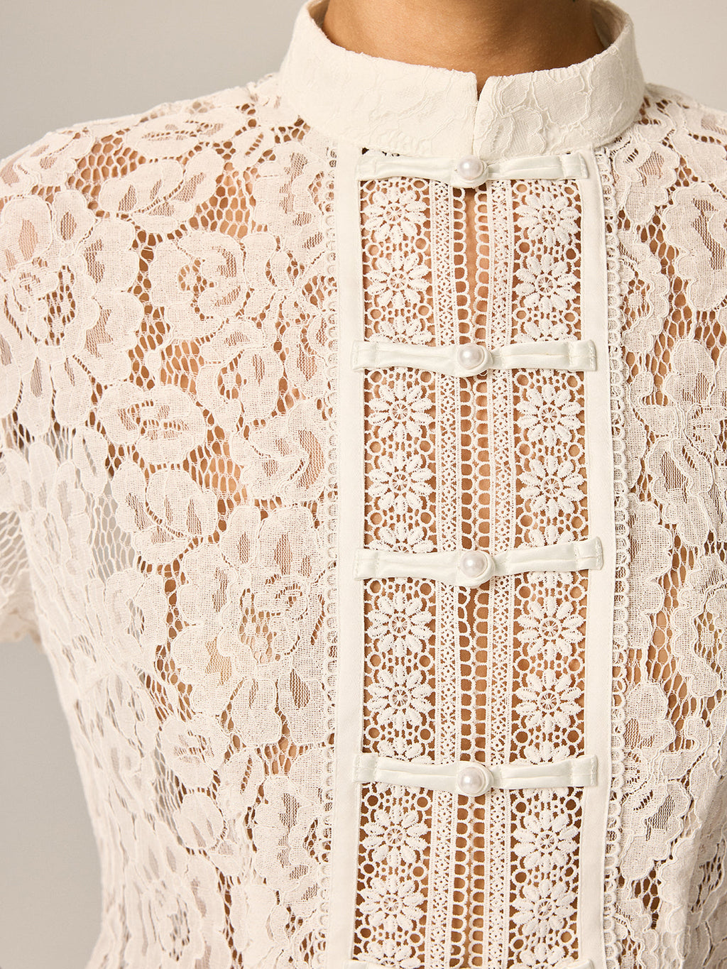Frog Button Lace Short Sleeve Blouse Traditional Elegant Style