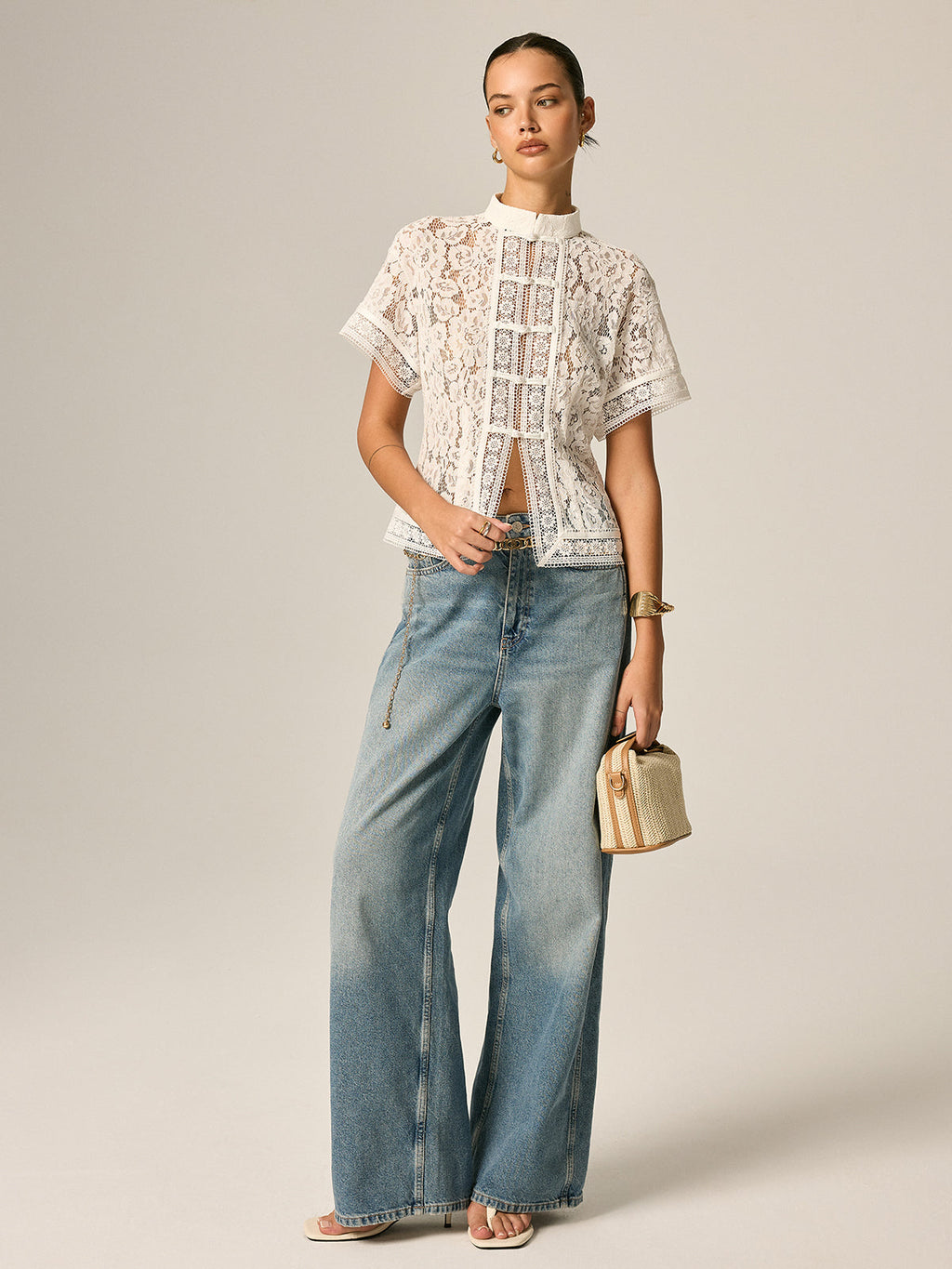 Frog Button Lace Short Sleeve Blouse Traditional Elegant Style