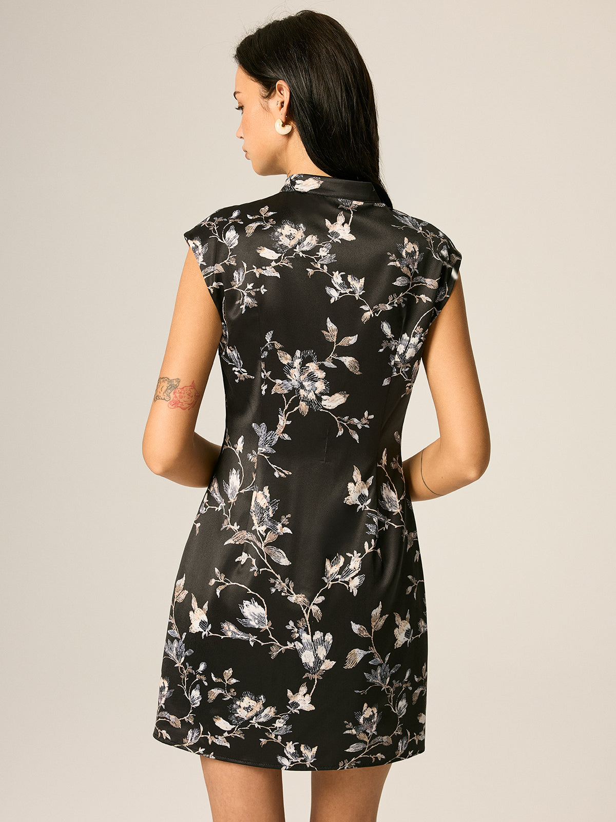 Satin Floral Split Mini Cheongsam Dress Elegant Traditional Asian Style