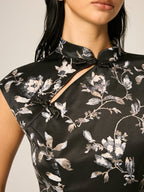 Satin Floral Split Mini Cheongsam Dress Elegant Traditional Asian Style