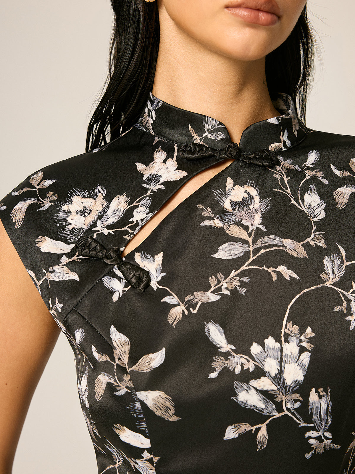 Satin Floral Split Mini Cheongsam Dress Elegant Traditional Asian Style