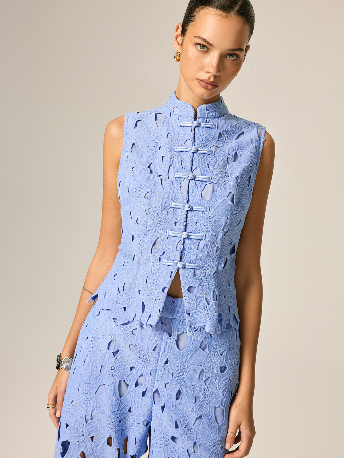 Frog Button Guipure Lace Vest & Pants Set for Elegant Occasions