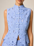Frog Button Guipure Lace Vest & Pants Set for Elegant Occasions