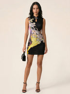 Keyhole Metal Buckle Floral Print Mesh Mini Dress with Ruffle Trim Detail