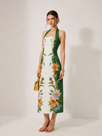 Vintage Botanical Print Halter Midi Dress with Pockets and Back Zipper