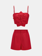 3D Flower Cotton Linen Cami Top & Shorts Set, Breathable Summer Outfit for Women