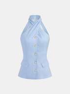 "Comfortable Tencel Blend Halter Buttoned Vest & Shorts Set for Summer"