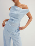 Linen-Like One Shoulder Top & Pants Set Comfortable and Stylish Fit