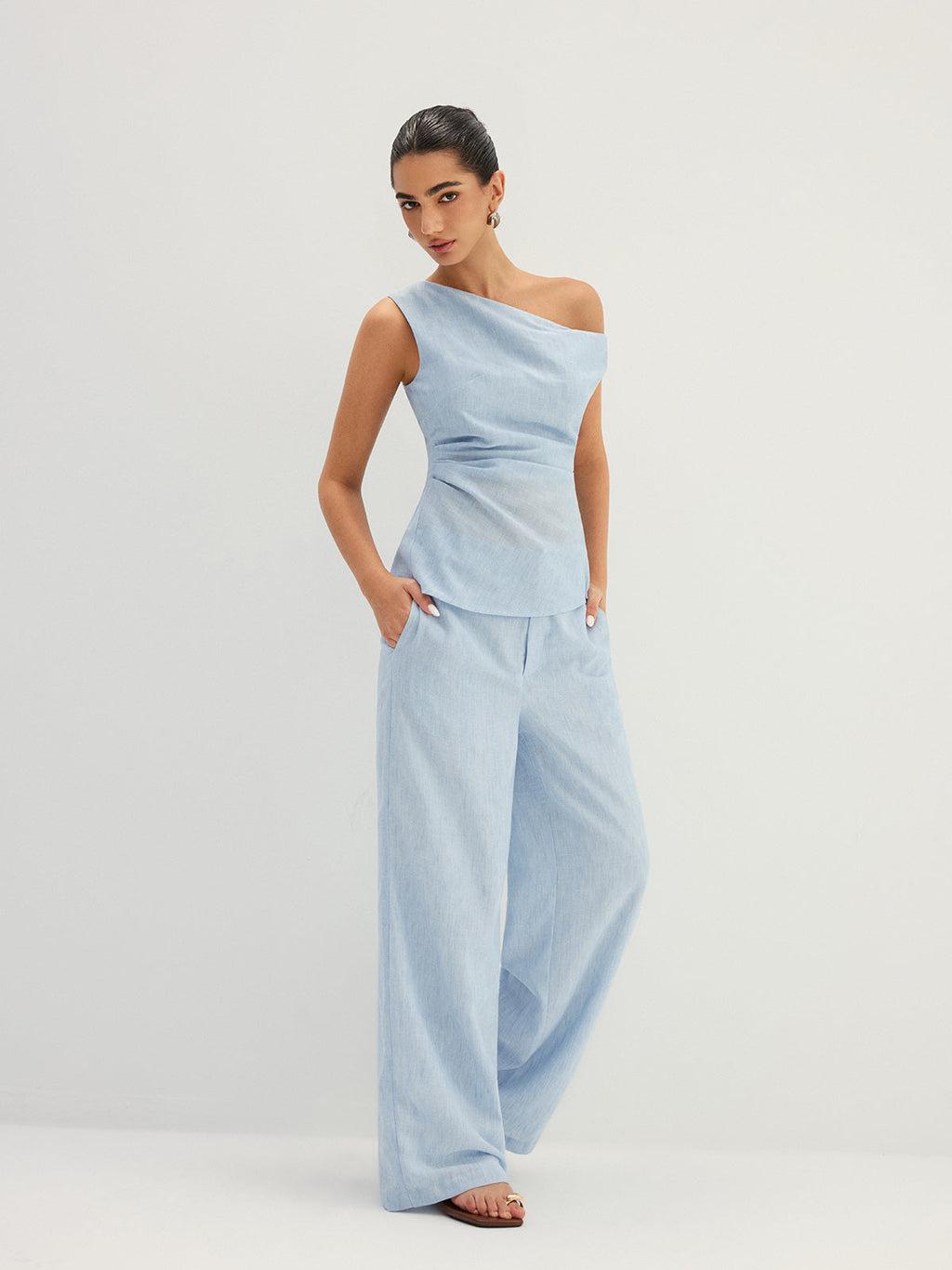 Linen-Like One Shoulder Top & Pants Set Comfortable and Stylish Fit