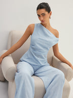 Linen-Like One Shoulder Top & Pants Set Comfortable and Stylish Fit
