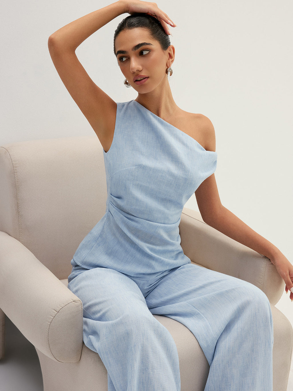 Linen-Like One Shoulder Top & Pants Set Comfortable and Stylish Fit