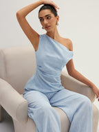 Linen-Like One Shoulder Top & Pants Set Comfortable and Stylish Fit