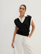 Fake Two Piece Knit Collared Blouse, Casual Layered Office Top Style