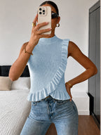 Ribbed High Neck Ruffle Sleeveless Top for Women Casual Wear