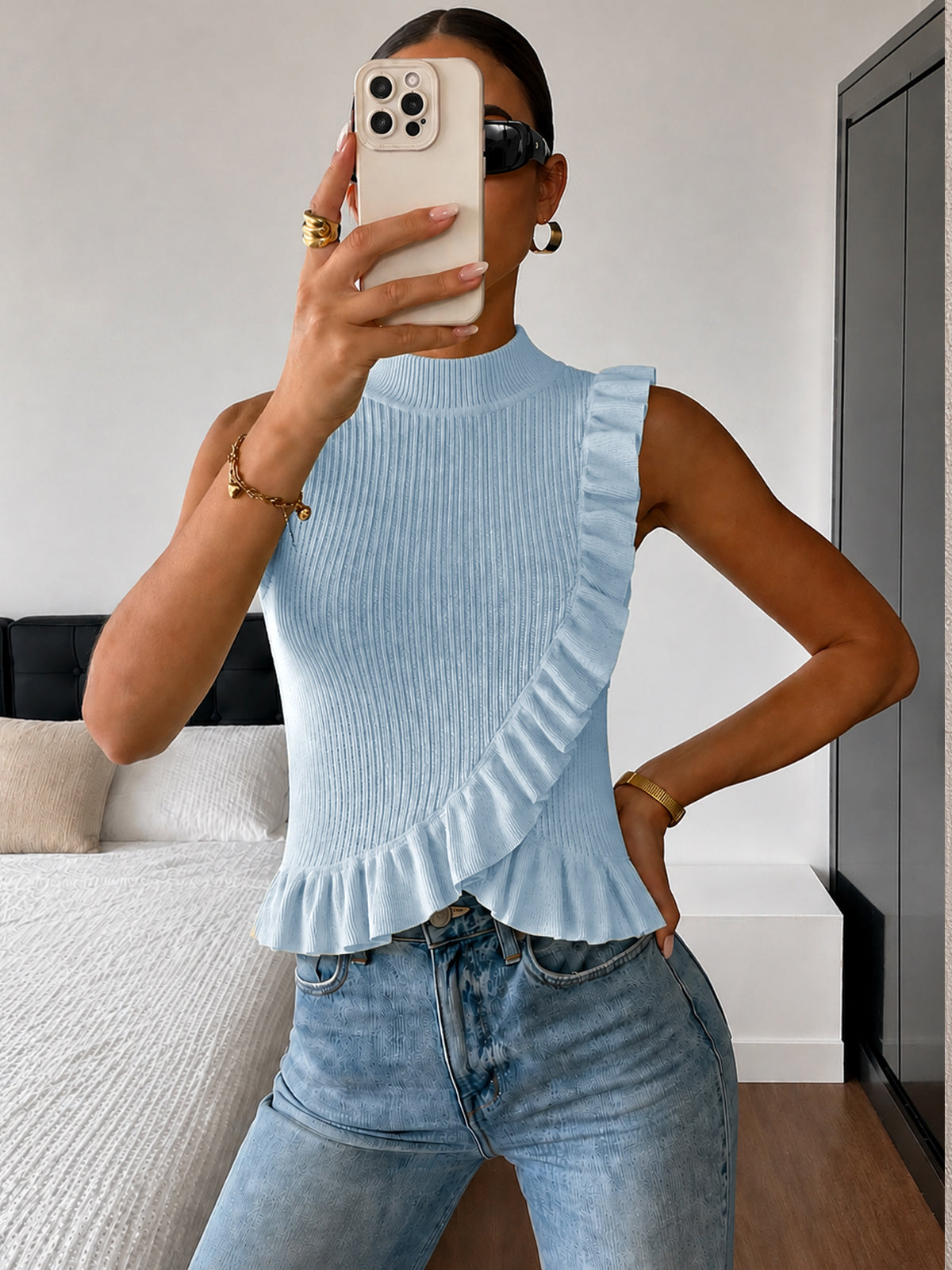 Ribbed High Neck Ruffle Sleeveless Top for Women Casual Wear