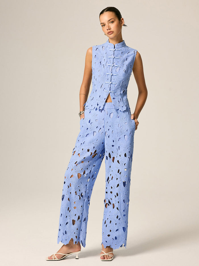 Frog Button Guipure Lace Vest & Pants Set for Elegant Occasions