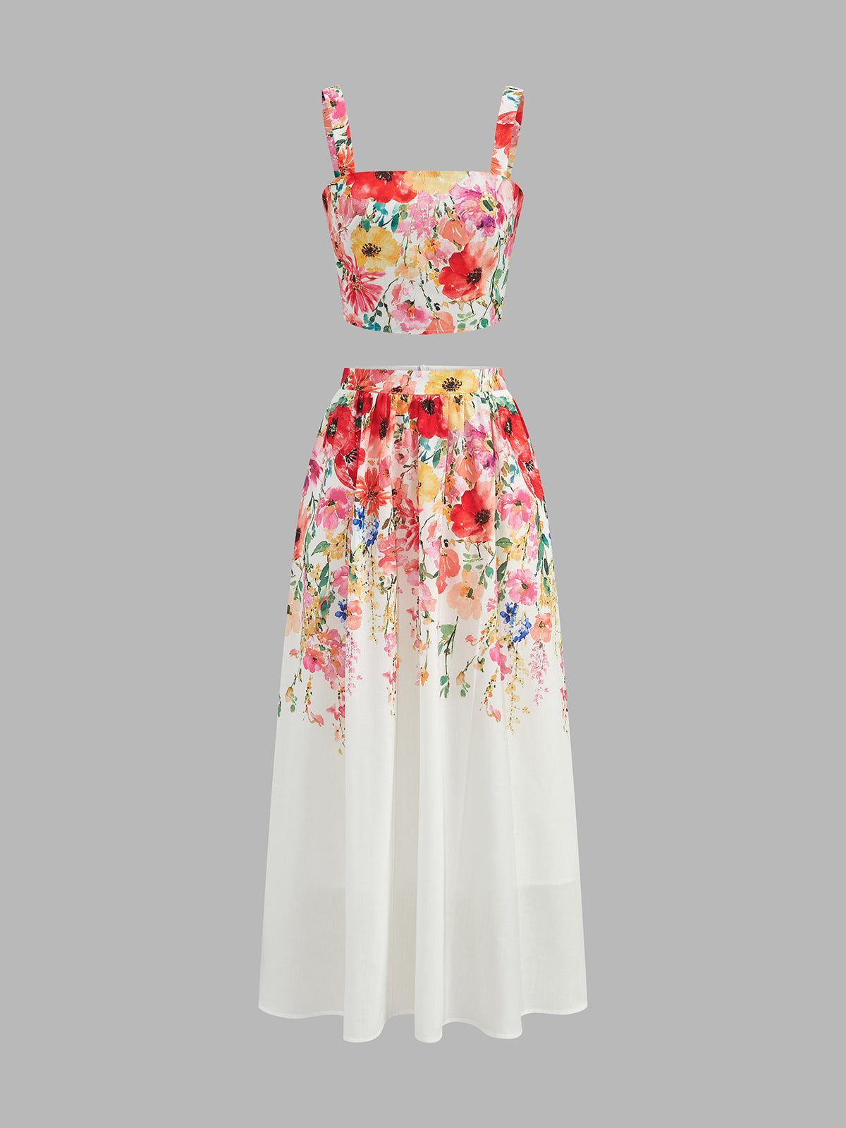 Watercolor Flower Two Piece Skirt Set for Spring Summer Casual Wear
