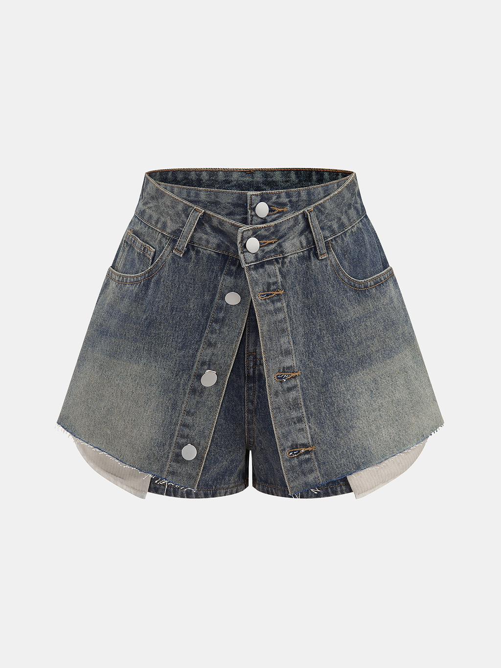 Overlay Button Front Denim Skort with High Waist Design