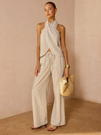 Striped Cotton Linen Halter Top & Pants Set for Women Summer Outfit