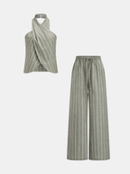 Striped Cotton Linen Halter Top & Pants Set for Women Summer Outfit