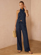 Striped Cotton Linen Halter Top & Pants Set for Women Summer Outfit