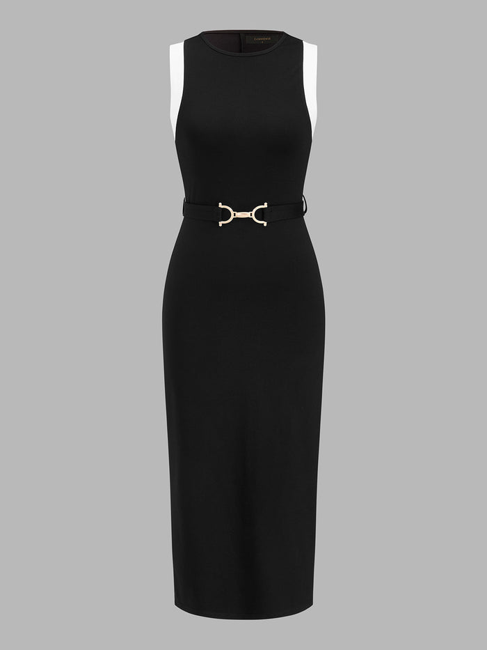 Color Block Belted Sleeveless Midi Dress for Women Casual Summer