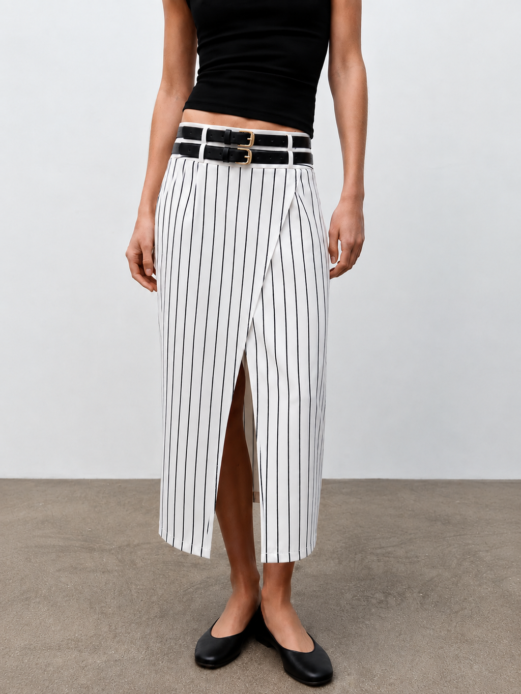 Double Belt Pinstripe Slit Midi Skirt with Side Pockets and Button Detail