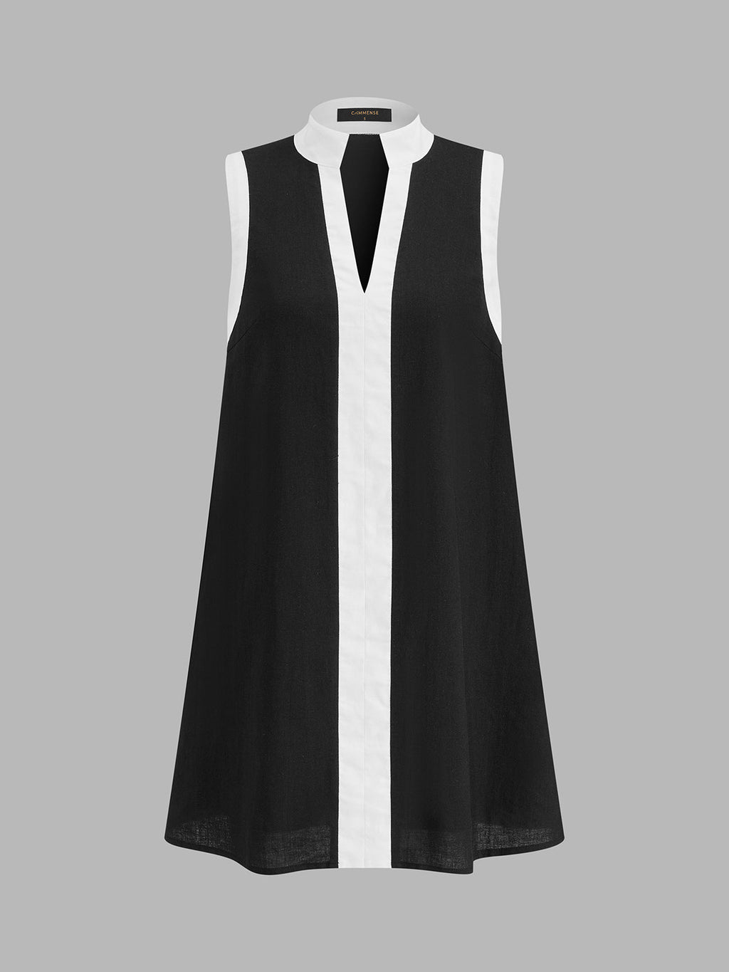 Color Block Stand Collar Cotton Linen Mini Dress for Casual Summer Wear