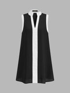 Color Block Stand Collar Cotton Linen Mini Dress for Casual Summer Wear